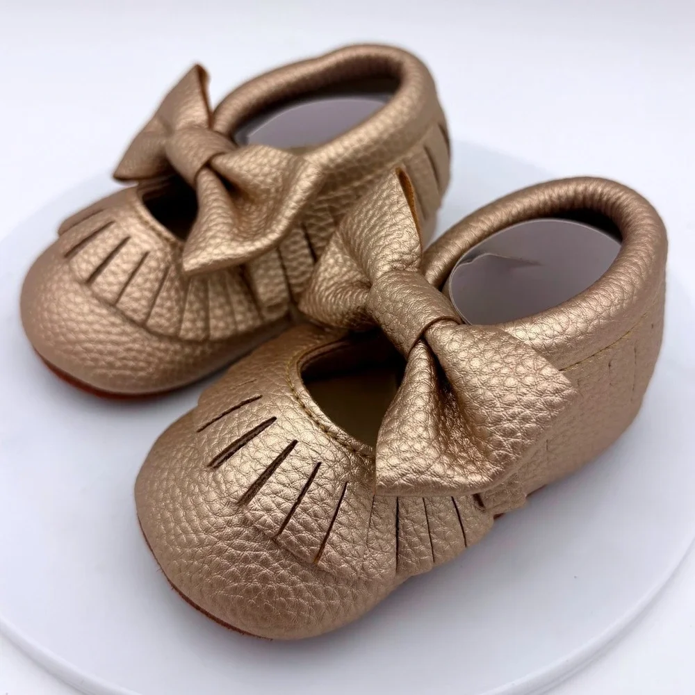 NEW Gold Baby Moccasin Shoe Bow Mary Jane Metallic Baby Soft Sole 0-6 Months